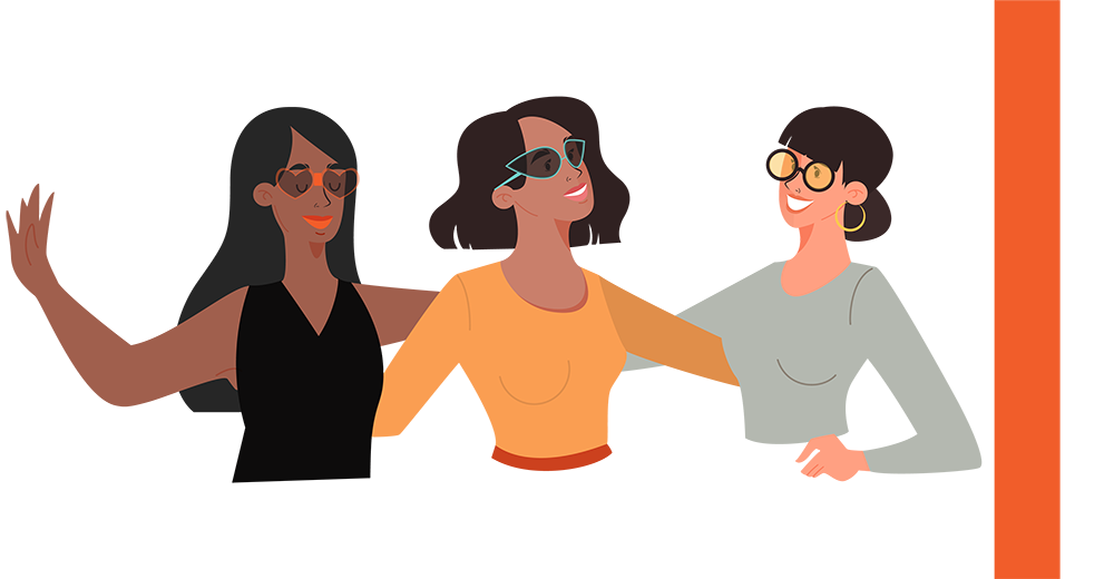 Three women with sunglasses in a group hug, all showing off their unique lenses.