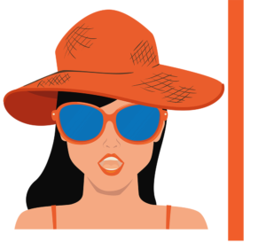 Lady with black hair, wearing sunglasses and a sunhat 