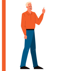 A happy, blonde man with a bright orange shirt giving a thumbs up.