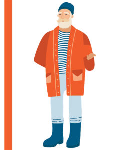 A jolly blonde older man in an orange coat, a striped top, and wellington boots.