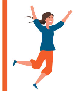 Happy braided girl with orange pants jumps for joy!