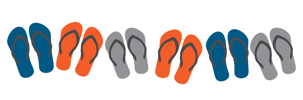 Line of flip-flops in alternating colours (dark blue, orange, grey) 