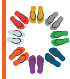 Coloured flip flops laid flat in a circle from a bird's eye view 